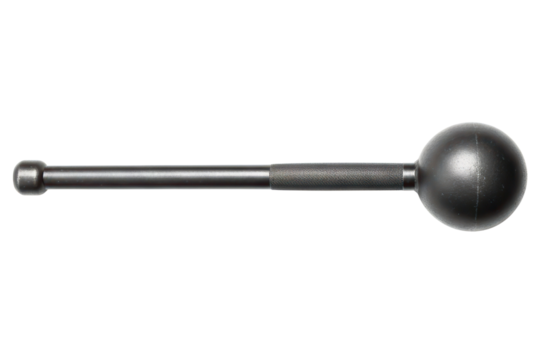 Black heavy steel mace with knurled handle for strength training isolated on a transparent background