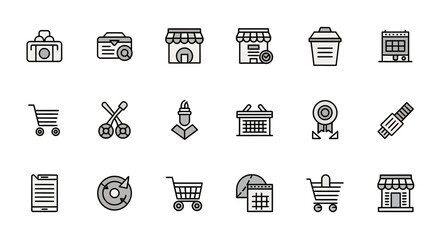 A collection of simple, outlined icons on a white backdrop; includes a briefcase, search tool, shop fronts, bin, calendar, cart, scissors, certificate, and USB cable