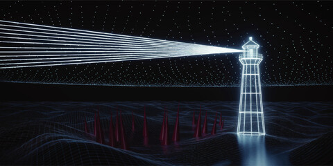 Futuristic digital lighthouse guiding data streams over abstract ocean waves in dark cyber landscape with glowing grid