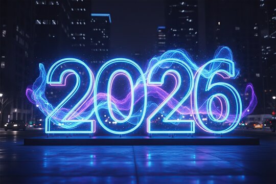 Neon 2026 with Blue and Purple Energy Waves