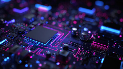 Close-up of a high-tech circuit board with vibrant neon lighting. The intricate design and glowing components create a futuristic and dynamic aesthetic