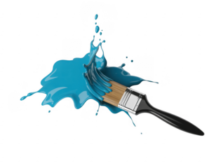 Paintbrush splashing bright blue liquid against black background isolated on a transparent background