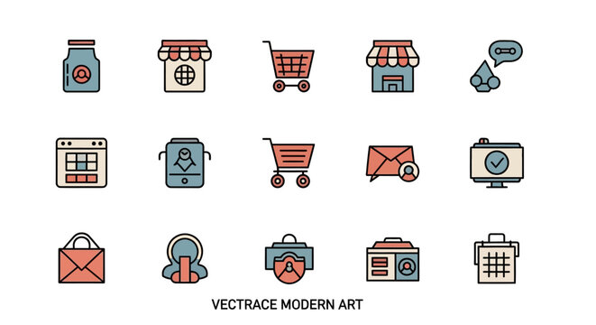 A collection of modern icons, featuring illustrations of a shop, shopping cart, calendar, mail, tablet, computer, and other business-related symbols. The style uses muted colors with a bold outline
