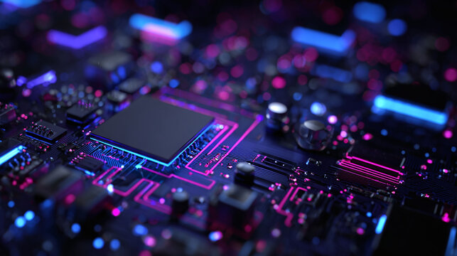Close-up of a high-tech circuit board with vibrant neon lighting. The intricate design and glowing components create a futuristic and dynamic aesthetic
