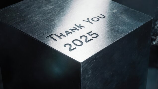 Metal Cube Engraved with Thank You 2025 in a Modern Style.