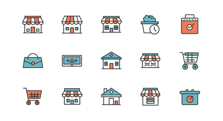 A collection of simple, colorful icons depicting buildings, shopping carts, and a purse. There is a computer screen and a calendar. A few of the icons show checks and time