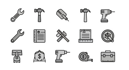 A flat design collection of tools and work-related items, like wrenches, hammers, and a drill, presented with a consistent color palette and outline