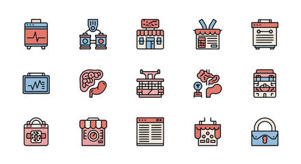 A collection of fifteen colorful, minimalist vector illustrations featuring a variety of objects, including medical devices, anatomical diagrams, and architectural designs, on a white background