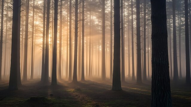 Golden sunlight streams through tall trees in a misty forest landscape - Powered by Adobe