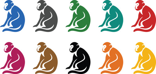 Colorful monkey icons in sitting pose, Primate animal icon set vibrant colors
