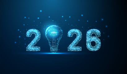 Happy 2026 New Year greeting card with blue light bulb. Ai, business, bright ideas, technological progress, strategic planning, intelligent solutions concept.