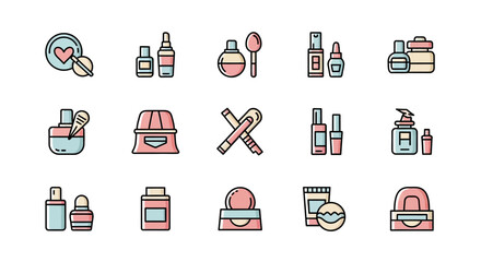 A pastel-colored, flat-style illustration featuring various cosmetic products. Each item is a separate icon, with black outlines. The icons include bottles, brushes, palettes, and containers