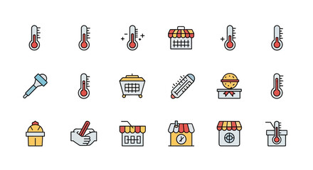 A collection of vibrant icons, featuring thermometers, storefronts, and assorted objects, displayed with contrasting colors and outlines, suitable for diverse graphical applications
