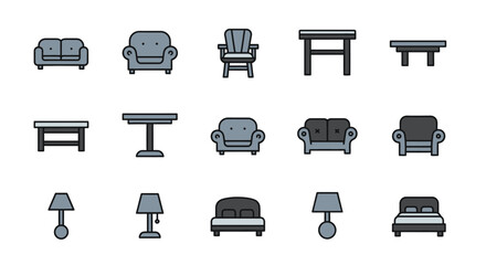 A flat design collection showcases various furniture pieces in shades of gray, outlined in black. Icons include sofas, armchairs, tables, beds, and lamps, all presented with a simple, graphic style