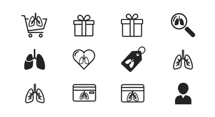A collection of stylized, black and white icons featuring the human lungs, presented in various contexts shopping cart, gifts, magnifying glass, heart, price tag, x-ray, and a silhouette