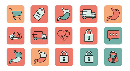 A collection of square icons with a flat design style, featuring symbols like a shopping cart, price tag, stomach, heart, trucks, padlocks, speech bubble, and a person with a mask