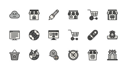 A collection of minimalist, grayscale icons on a white background, including buildings, carts, computers, targets, and playful faces. The style is flat, with simple outlines and filled shapes