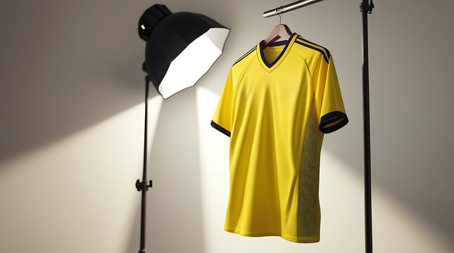 A professional photo of a hanging soccer jersey beside a studio light, with a bright yellow base featuring a smooth texture, a breathable mesh back panel, premium stitching, and soft shadows.