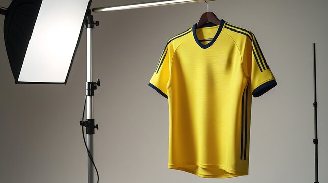 professional photo of a hanging soccer jersey beside a studio light, with a bright yellow base featuring a smooth texture, a breathable mesh back panel, premium stitching, and soft shadows.