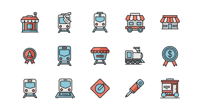 A collection of colorful, flat-style illustrations featuring trains, train stations, buttons, and other related elements, showcasing transport and commerce themes