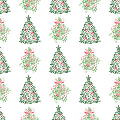 Hand drawn Christmas tree and mistletoe seamless pattern in red and green. Perfect for holiday designs, wrapping paper, textile. Vector sketch illustration in vintage crayon charcoal style