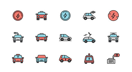 A collection of simple, colorful, vector illustrations of electric vehicles, charging symbols, and related icons. Includes stylized cars in various poses and a charging station