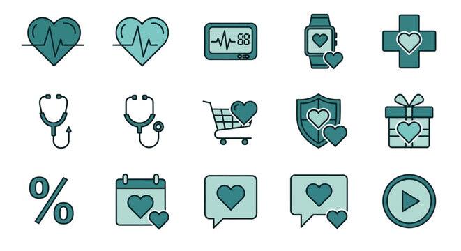 A collection of teal-toned medical and health-related icons, including heart rhythms, medical tools, and symbols associated with well-being, healthcare, and digital interaction