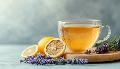 Fresh Lemon and Lavender Tea in a Clear Cup With Sliced Lemons and Lavender Sprigs on a Wooden Board
