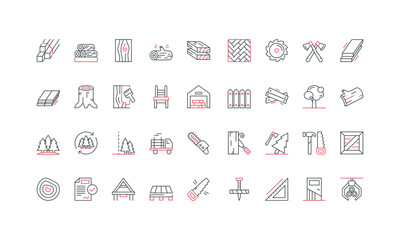 Wood raw material, sawmill and lumberjacks equipment, logging permit line icon set. Log grapple and chainsaw, tree trunk cuts, wooden pallets thin black and red outline symbols vector illustration
