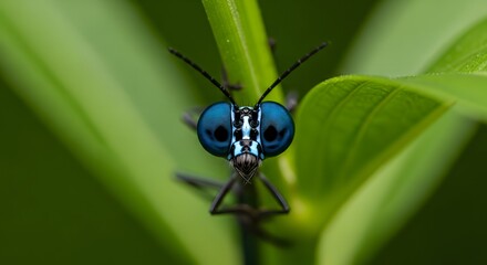 Fototapeta premium Stunning close up of a vivid blue damselfly face, its large eyes and intricate patterns creating an arresting nature portrait, perfect for wildlife blogs