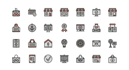 A collection of simple, colored icons featuring a variety of objects, including storefronts, signs, email, a flower, a check, and more. A flat, minimalist style is used