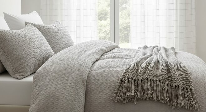 Cozy Textured Bedding with Throw and Sheer Curtains