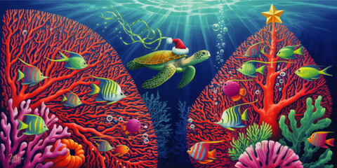 Festive sea turtle with Santa hat swimming over colorful coral reef Christmas scene with tropical fish and holiday ocean vibes