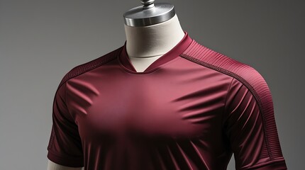 A photo of a Soccer jersey draped on a tailored mannequin, showcasing a rich matte maroon color, with a stretchy collar design and intricate detailed shoulder stitching.