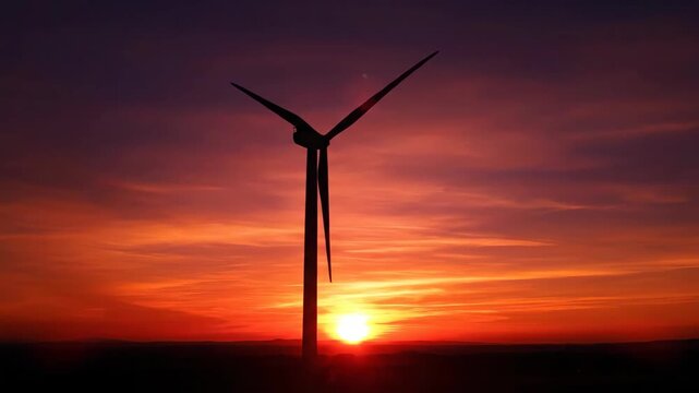 Wind turbine against a vibrant sunset sky and horizon silhouette