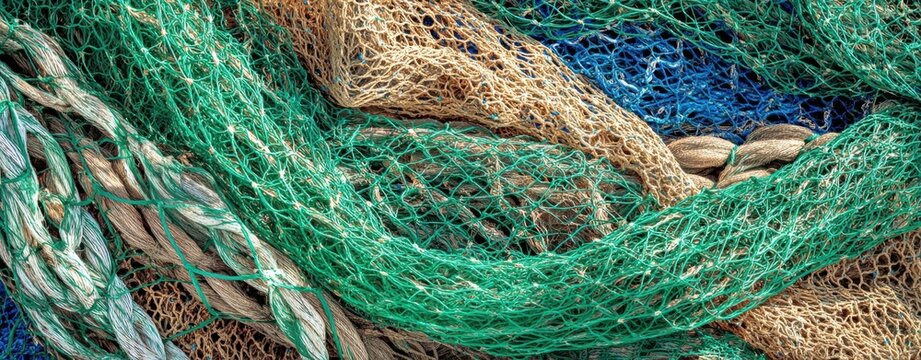 The Fishing Nets Piled in Colorful Tangled Ropes and Worn Maritime Texture - Powered by Adobe
