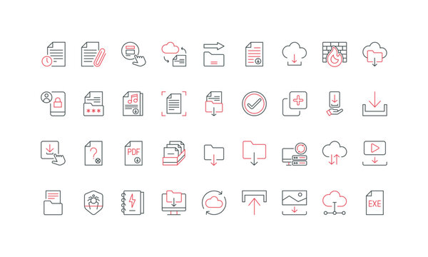Download and upload document and archive, image and video in network line icon set. File metadata, access control and antivirus scan, firewall thin black and red outline symbols vector illustration