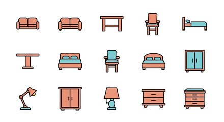 A collection of simple, stylized furniture icons, rendered with a consistent color palette, outlining in black and white backgrounds. Sofas, tables, chairs, beds, cabinets, and lamps are represented