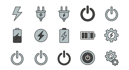 A collection of simple, stylized icons, mostly related to power, energy, and electronics. The designs include lightning bolts, plugs, battery levels, power buttons, and gear symbols