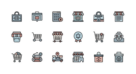 A collection of simple, colorful icons depicting e-commerce themes. Included are storefronts, carts, delivery vehicles, and a web page, all outlined in black