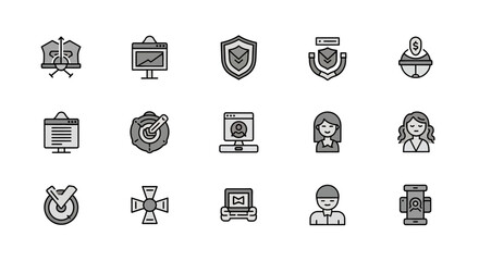 A collection of simple grey and black icons. These include charts, shields, screens, and people. Each has a thin black outline and is designed in a minimalistic style