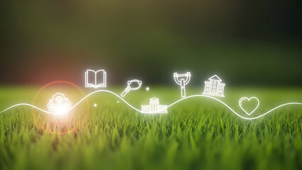 Digital icons representing life and growth on a lush green background