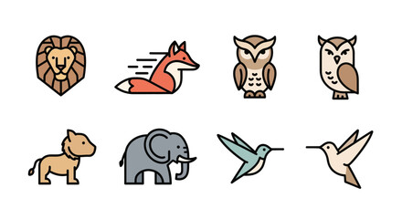 A collection of stylized animal illustrations in a flat design, including a lion, fox, owls, elephant, and hummingbirds. These colorful images are displayed against a white background © gudangPIXEL