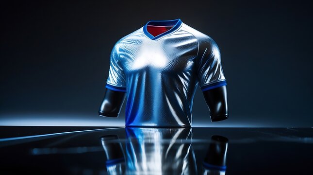 A photo of a Soccer jersey floating above a reflective black surface with a metallic silver and blue gradient fabric that showcases intricate texture details, dynamic lighting.