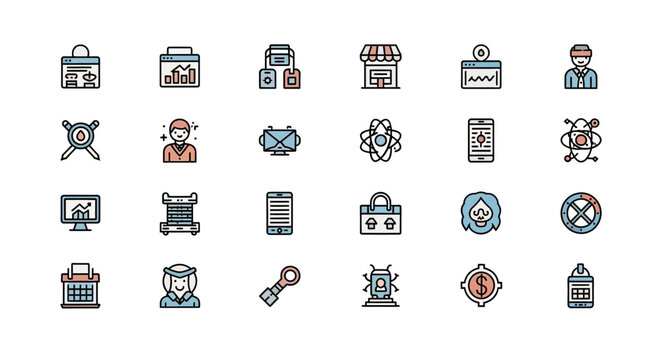 A collection of 24 colorful, vector icons depicting various concepts, including technology, business, science, and people. Each icon is outlined in black