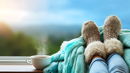 Relaxing self-care routine for well-being at home cozy environment with warm drink and comforting blanket