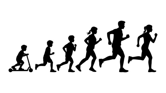 Silhouettes of a family progressing through life stages, from childhood on a scooter to adult running, symbolizing growth and activity. 141 chars