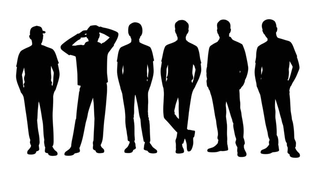 Diverse group of six men silhouettes standing together, showcasing different casual poses and attire, isolated on a clean white background for versatile use in design.
