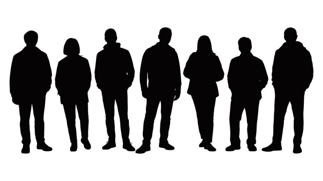 Diverse group of six men silhouettes standing together, showcasing different casual poses and attire, isolated on a clean white background for versatile use in design.