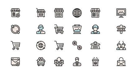 A collection of simple, colorful, outlined icons related to commerce, customer service, and digital communication, featuring shops, carts, people, and global symbols